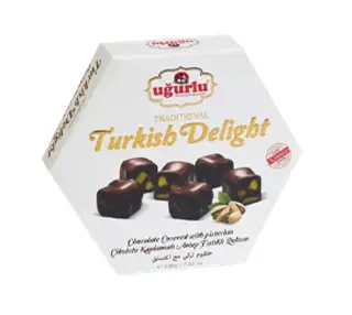 Ugurlu, Altigen Cikolata Kaplamali Cifte Kavrulmus Fistikli Lokum, 200gr x 12pcs