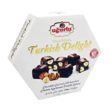 Ugurlu, Altigen Cikolatali Findikli Lokum, Chocolate Hazelnut Turkish Delight, 200gr x 12pcs